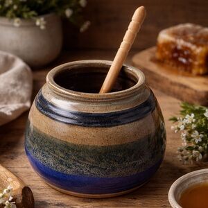 Handmade Studio Pottery Honey Jar w/ Wooden Dipper Blue Brown Glaze Signed